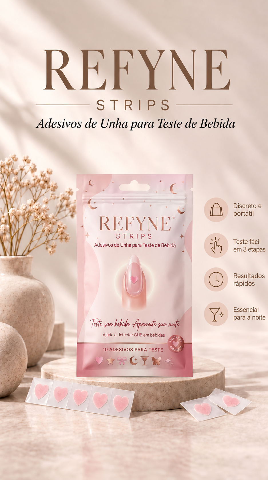 REFYNE — embalagem do produto e adesivos de coração
